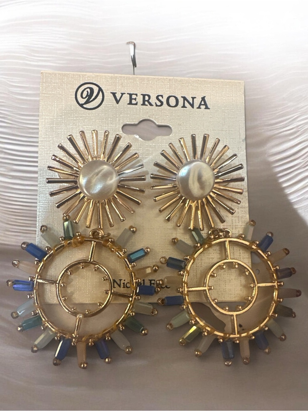 Versona Gold Sunburst Hoop Earrings with Blue and Green Accents